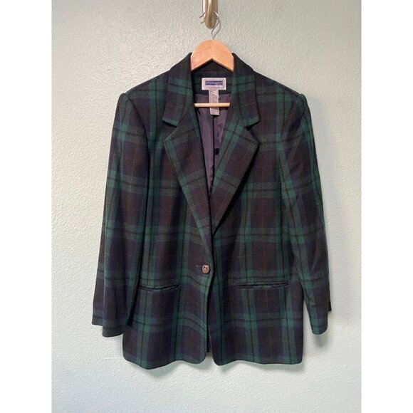 Vintage Sag Harbor Women's Green and‎ Blue Plaid Blazer Size 14 - Picture 1 of 7